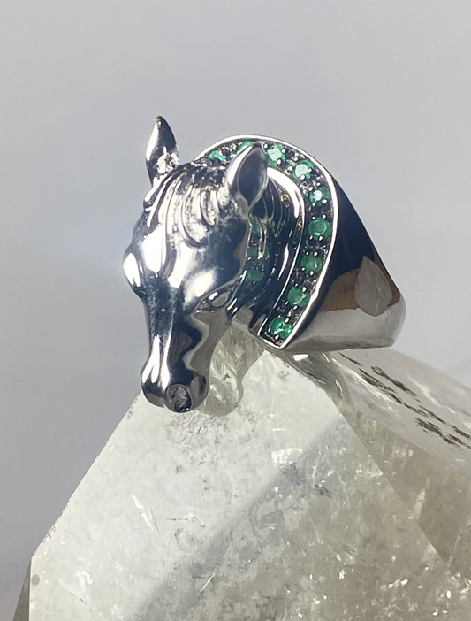 Horse ring face ring green stones  horseshoe good luck cowgirl sterling silver girls women