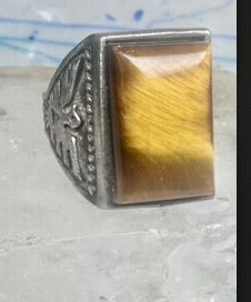 Vintage Sterling Silver Tiger's Eye Signet Ring Thunderbird Mudman Motif Statement Size 10.25 925