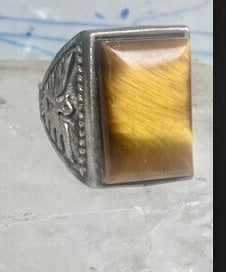 Vintage Sterling Silver Tiger's Eye Signet Ring Thunderbird Mudman Motif Statement Size 10.25 925