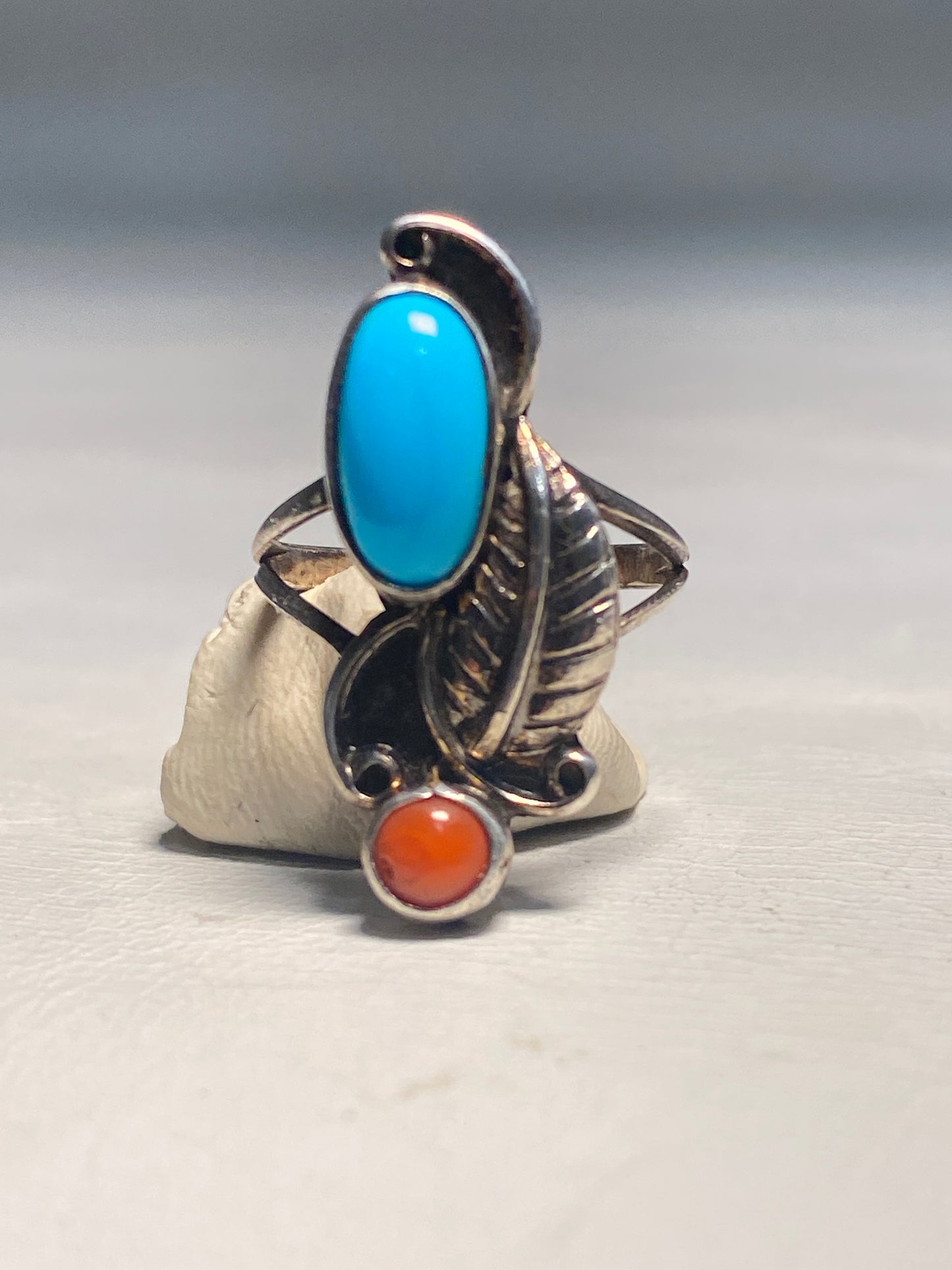 Turquoise Ring Coral long Navajo sterling silver girls women