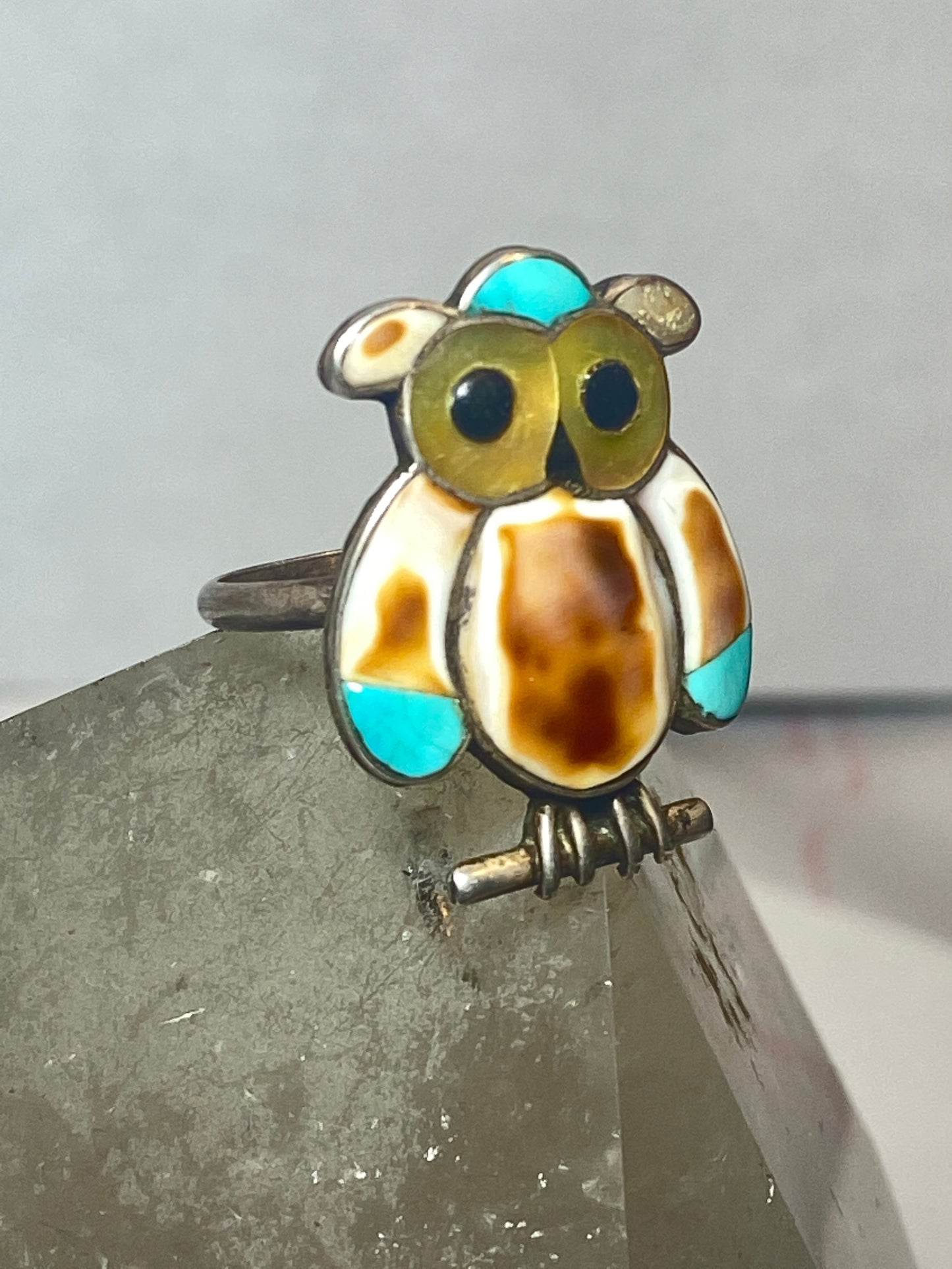 Owl ring Navajo turquoise MOP Onyx southwest sterling silver women