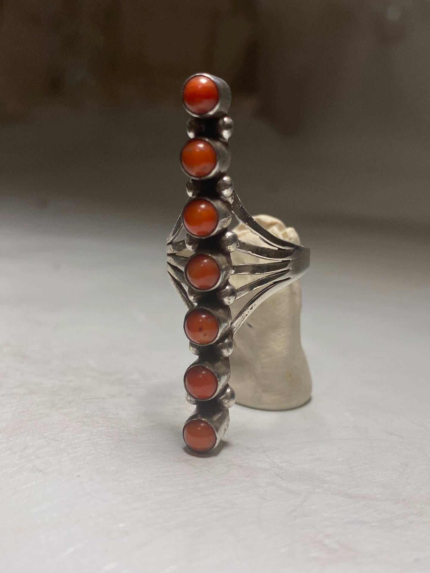 Long coral ring southwest sterling silver women