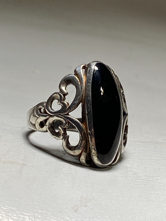 Onyx ring long floral women sterling silver