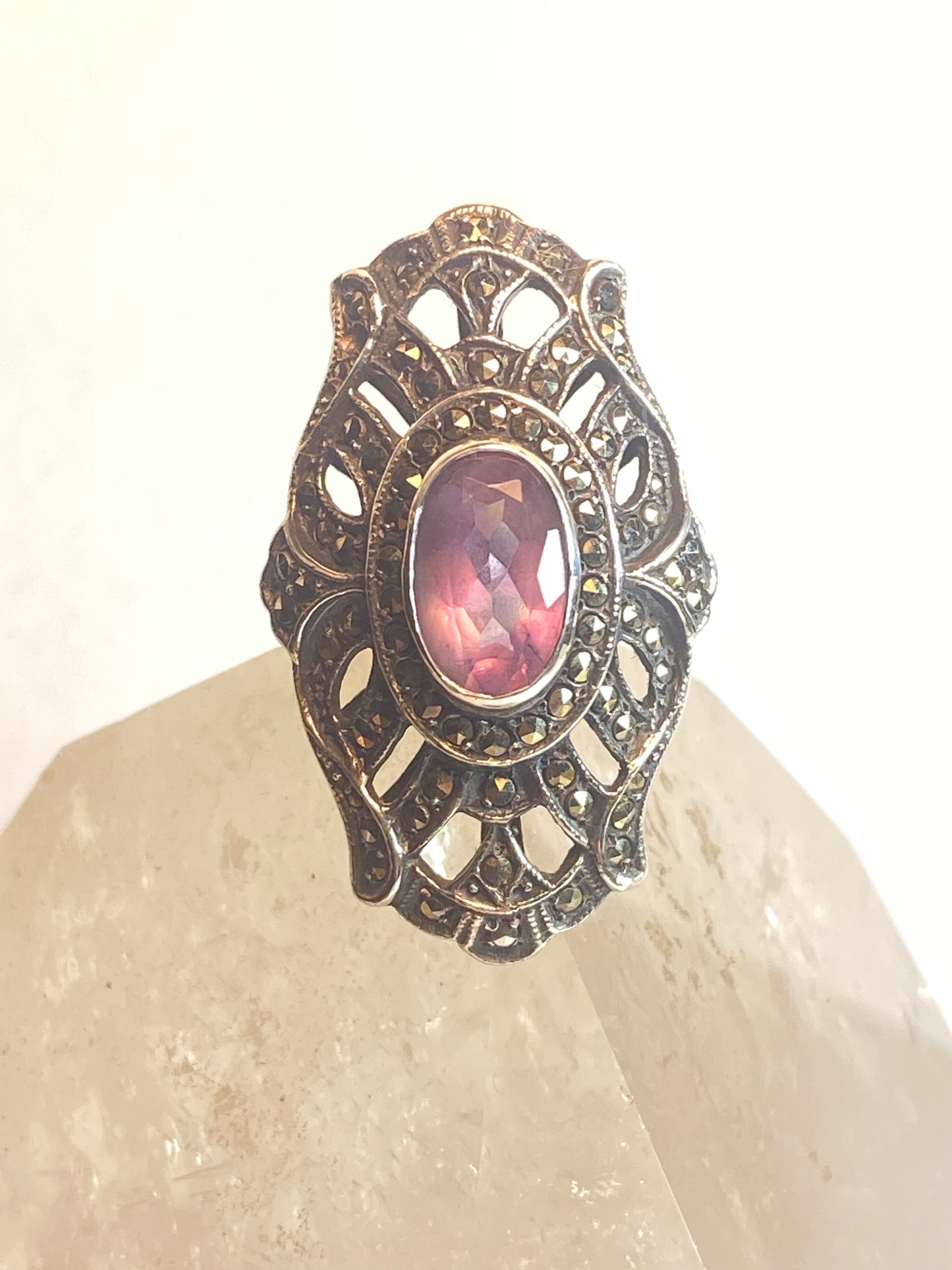 Long Amethyst ring size 7.25 Art Deco style marcasites sterling silver women girl