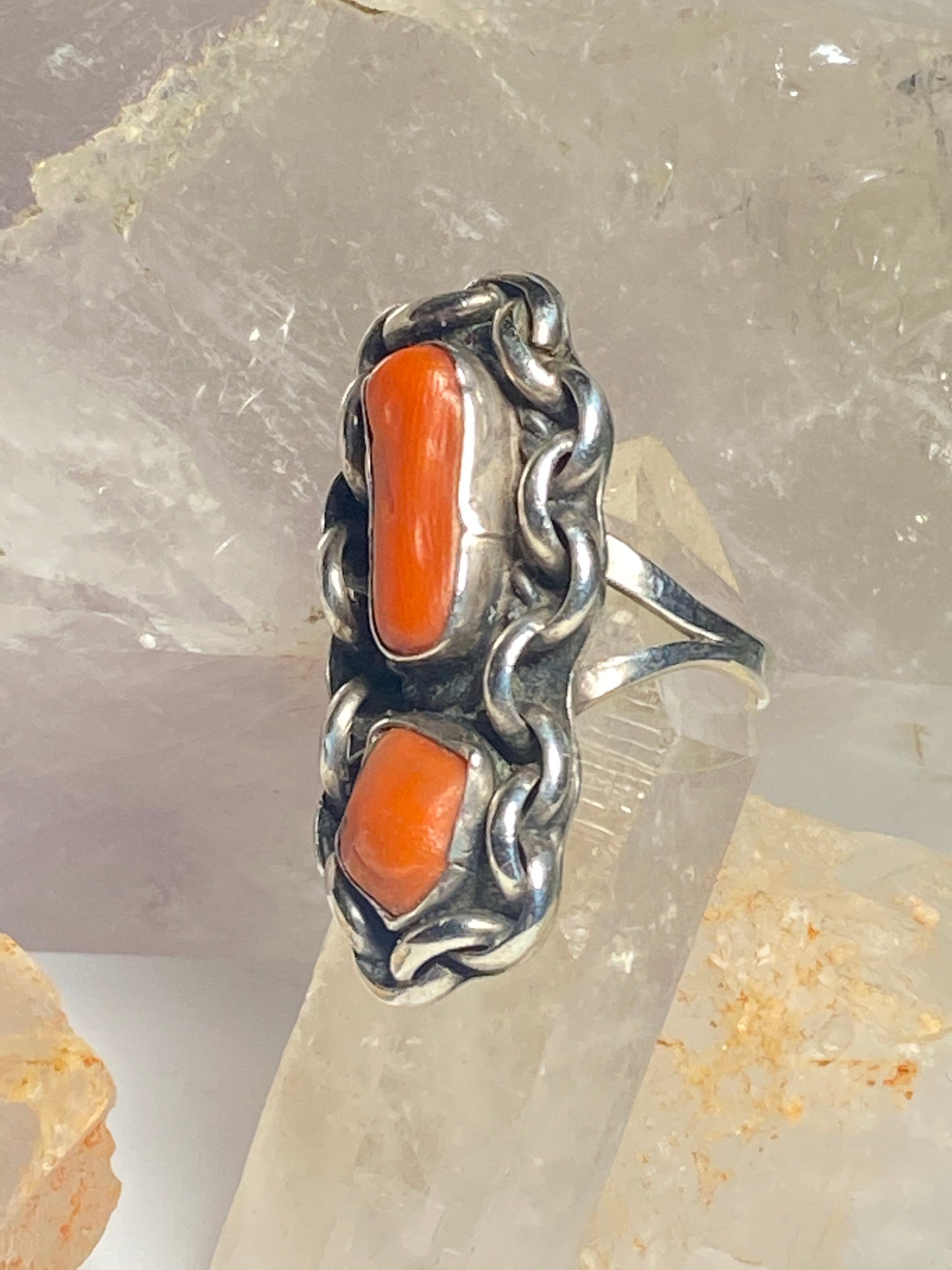 Coral ring 6 size long southwest sterling silver  women