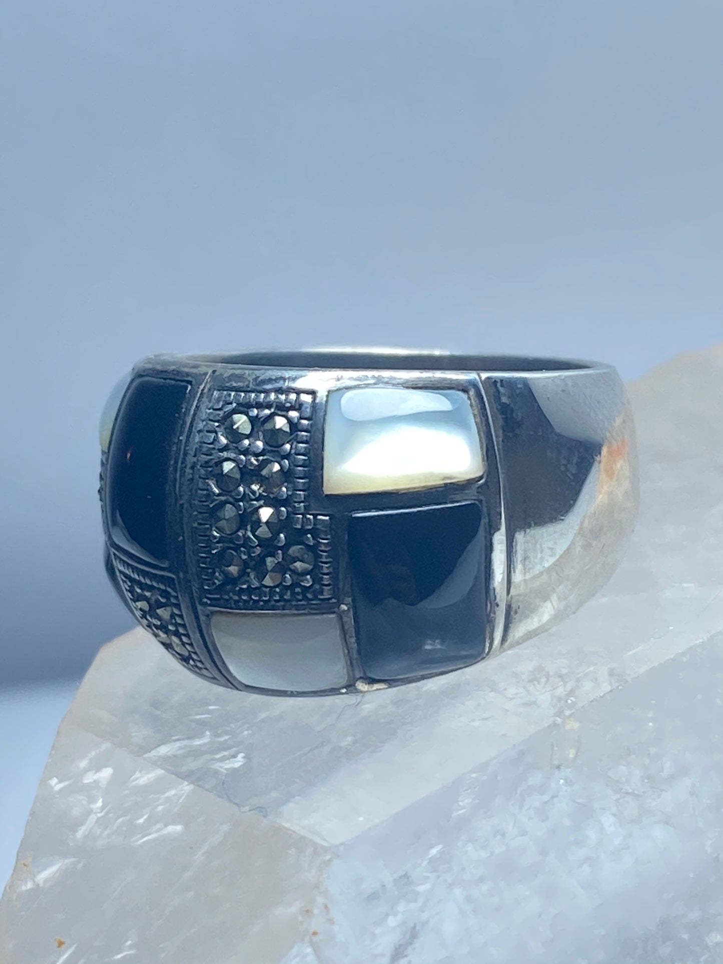 Checkerboard Ring size 7.75 onyx Mother of pearl marcasite cigar band