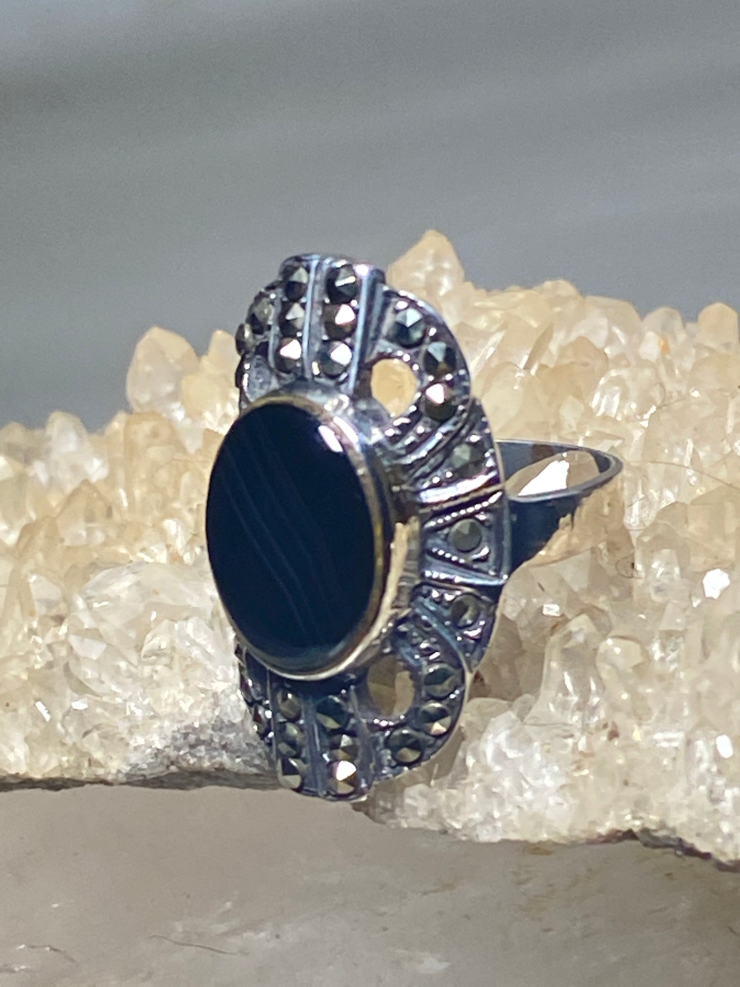 Onyx ring size 6 long Cocktail ring marcasite sterling silver women girls
