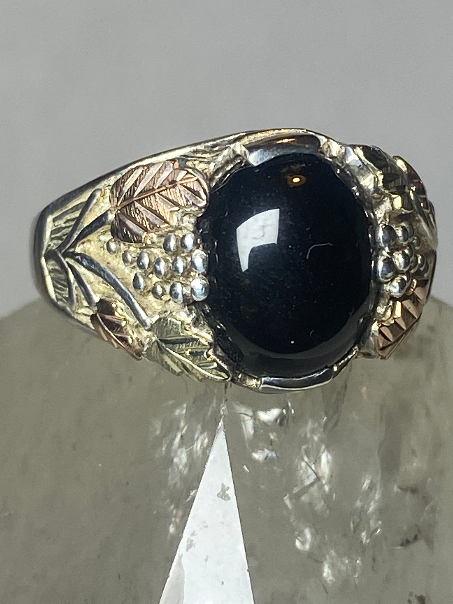 Onyx ring Black Hills Gold leaves sterling silver men women