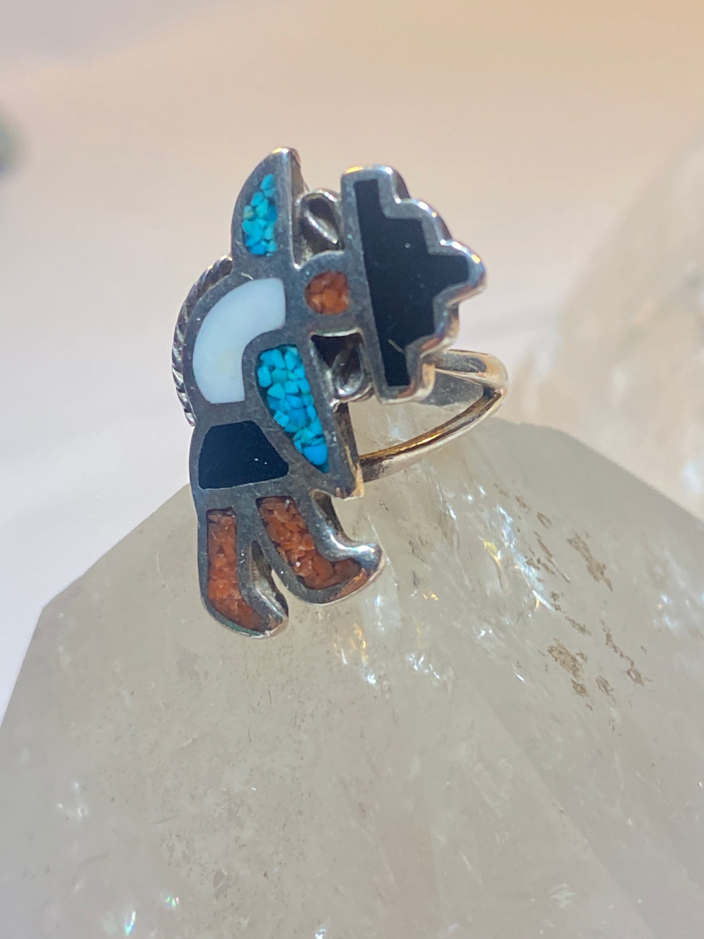 Kachina ring size 5.25 onyx turquoise coral chips  Navajo sterling silver band southwest