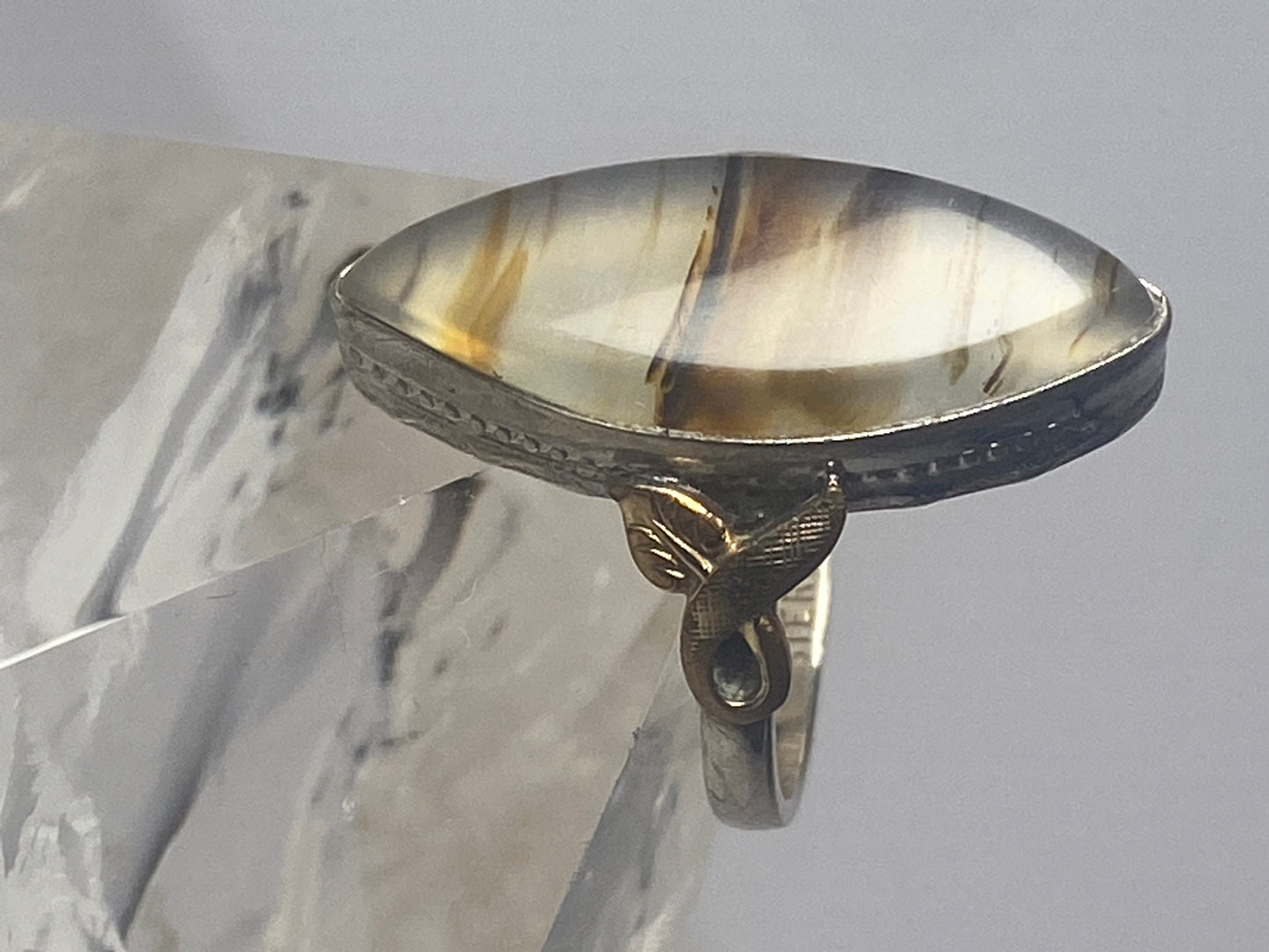 Long Agate ring sterling silver detailed w 10K women girls