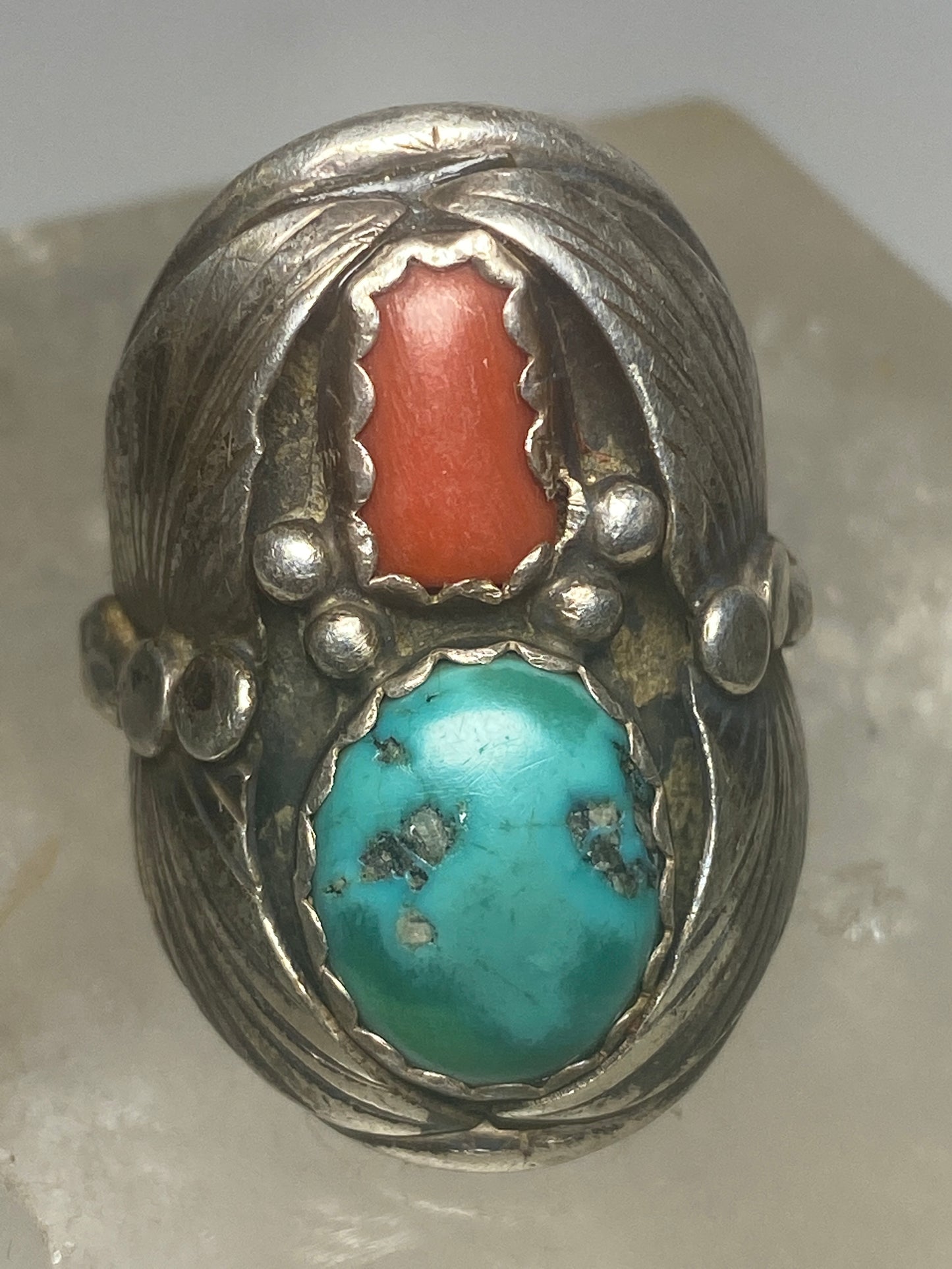 Turquoise coral ring southwest sterling silver women men
