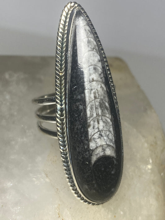 Long fossil ring sterling silver women