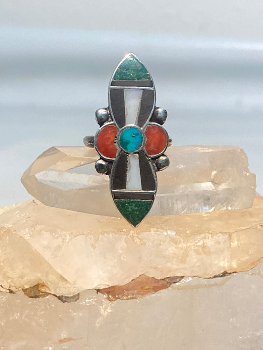 Turquoise ring size 5 long flower Navajo onyx MOP coral southwest sterling silver women girls
