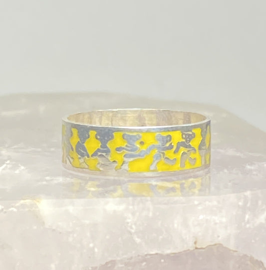 Dancing Bears ring yellow enamel pinky band sterling silver women