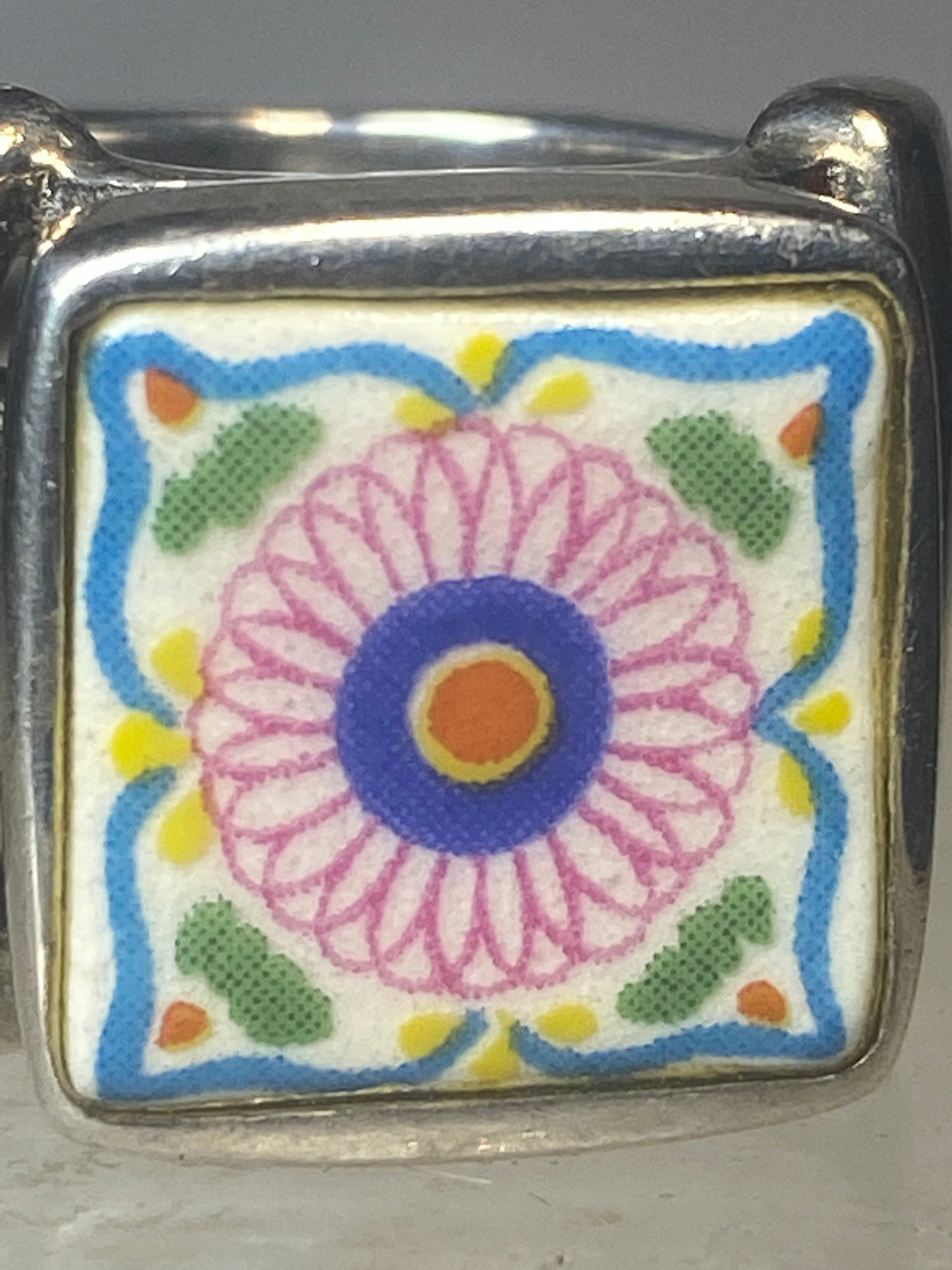 Porcelain ring flower tile size 5.50 sterling silver women