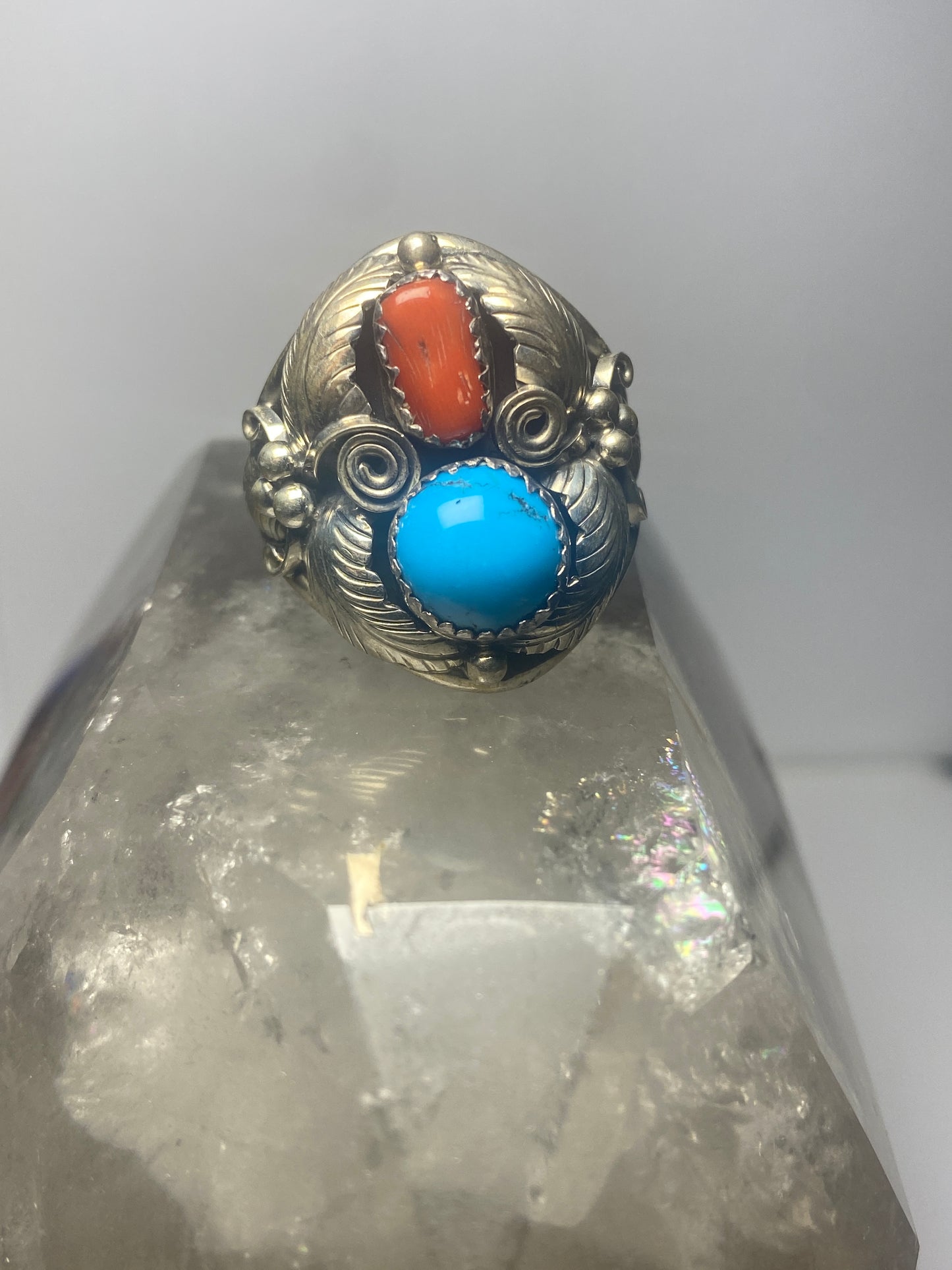 Navajo ring coral turquoise band sterling silver women men q