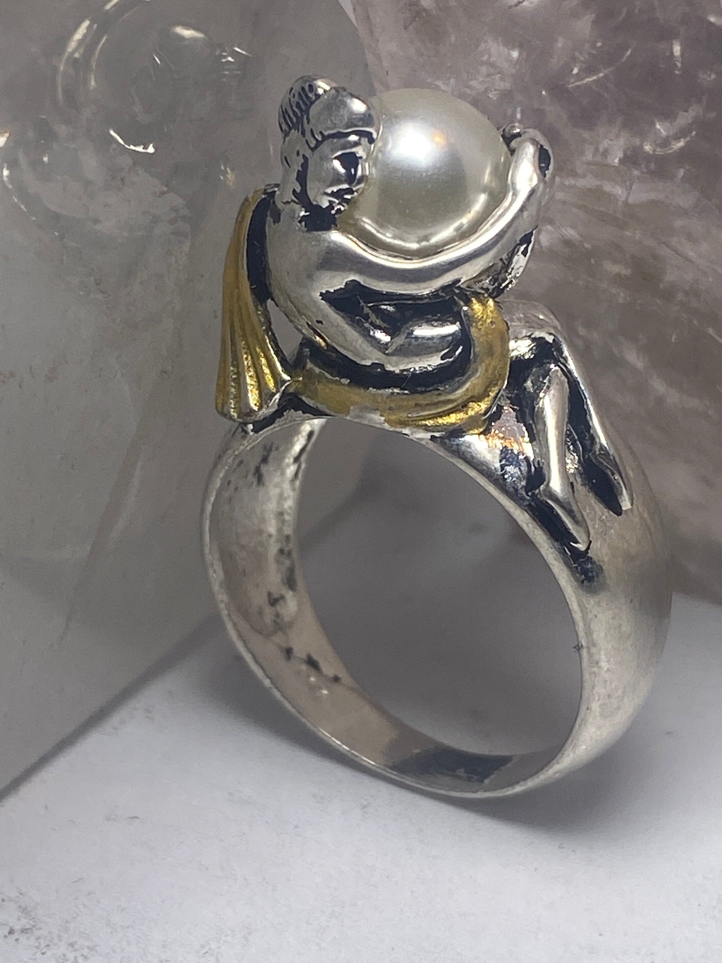 Naked lady ring holding pearl band  sterling silver women