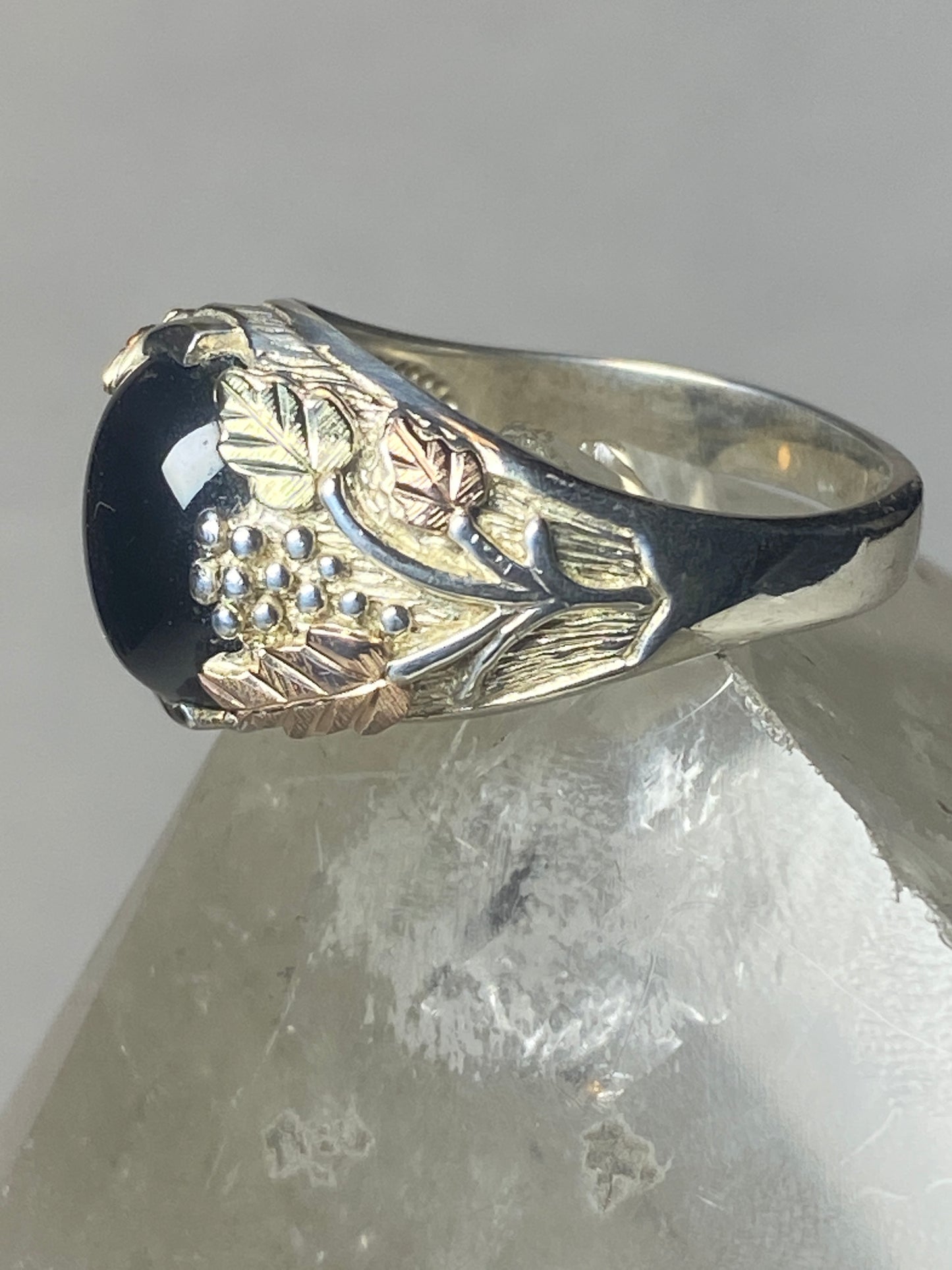 Onyx ring Black Hills Gold leaves sterling silver men women