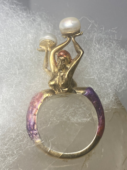 Naked ladies ring Mermaid sterling silver women girls  Overlay w unknown metals and enamel