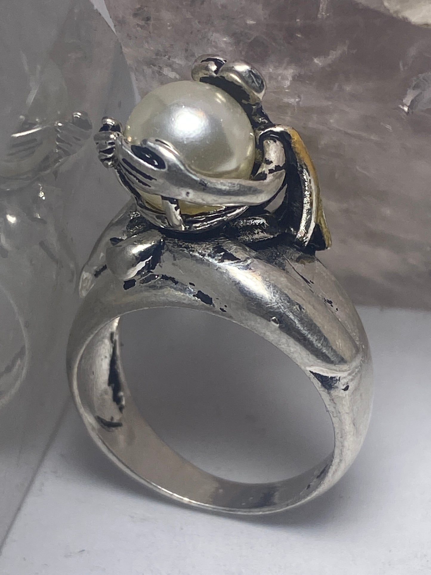 Naked lady ring holding pearl band  sterling silver women