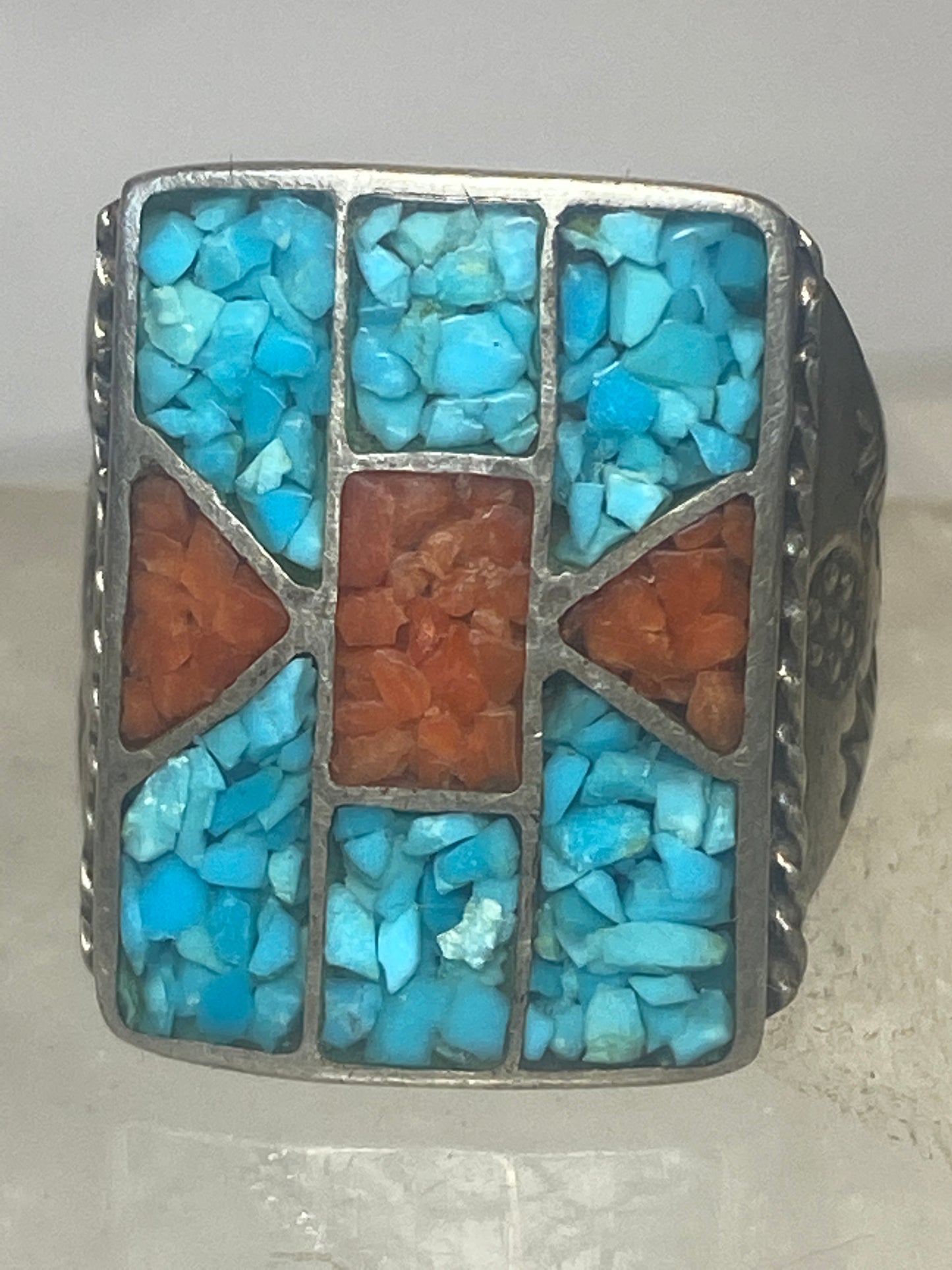 Navajo  ring size 9.75 turquoise coral chips southwest sterling silver women men