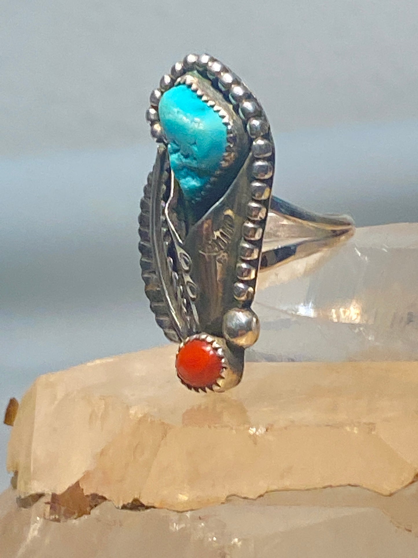 Turquoise ring size 5 coral long Navajo flower sterling silver southwest women girls