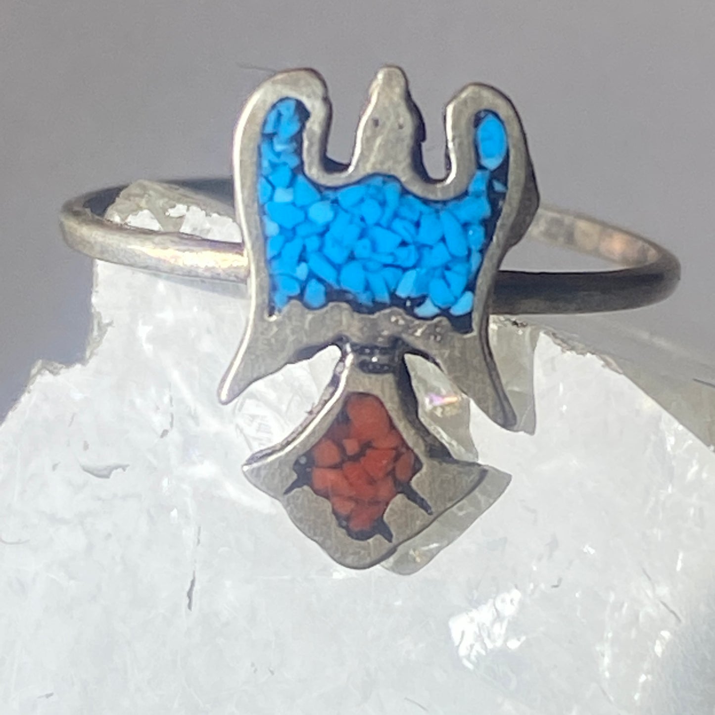 Phoenix ring turquoise coral chips southwest sterling silver women girls f