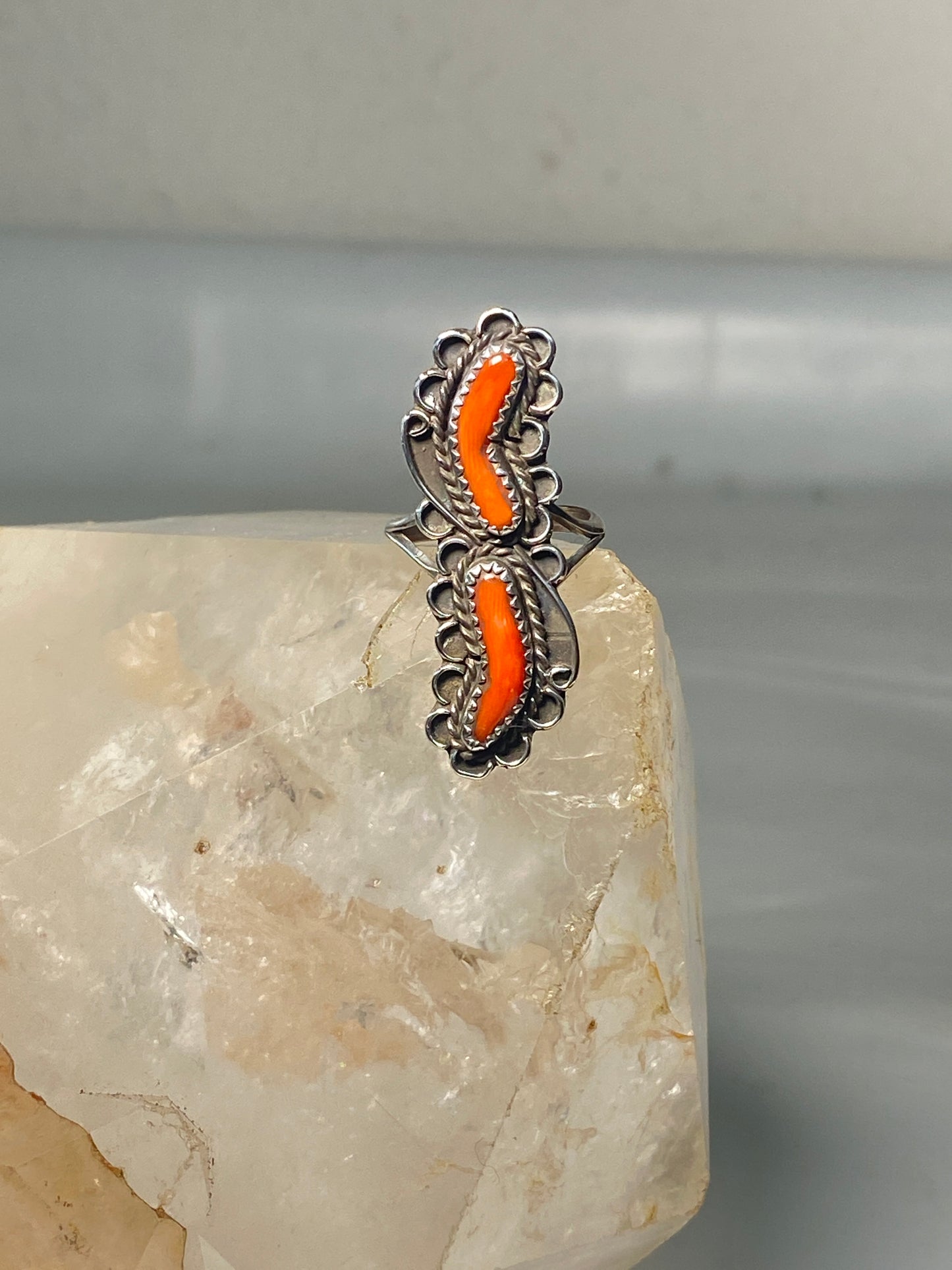 Coral ring size 7.50 Navajo southwest long sterling silver women