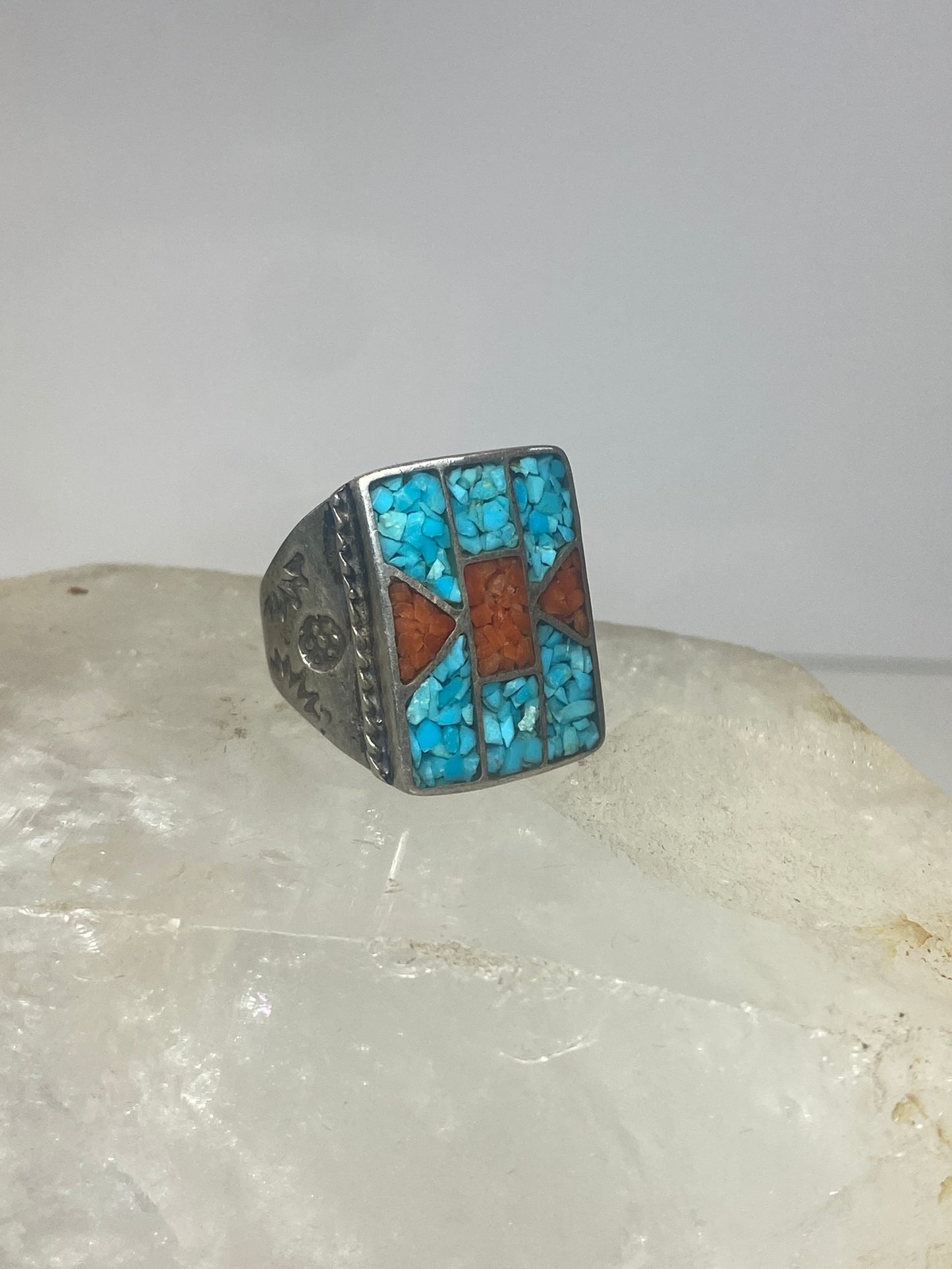 Navajo  ring size 9.75 turquoise coral chips southwest sterling silver women men