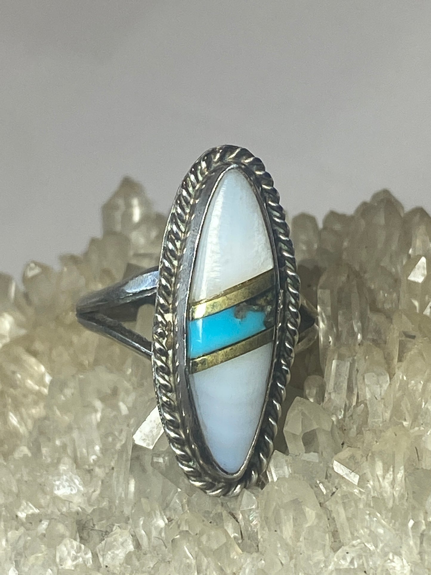 Long Turquoise ring mother of pearl sterling silver southwest