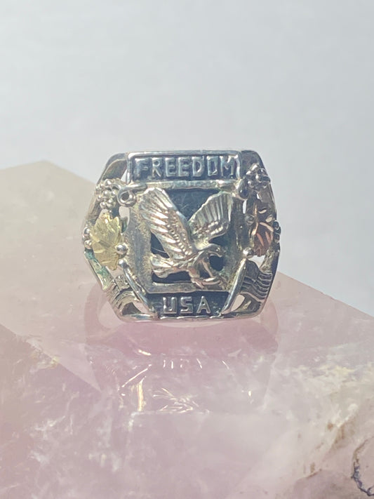 Freedom USA ring size 8 Eagle Black Hills Leaves sterling silver men  12K Leaves over sterling