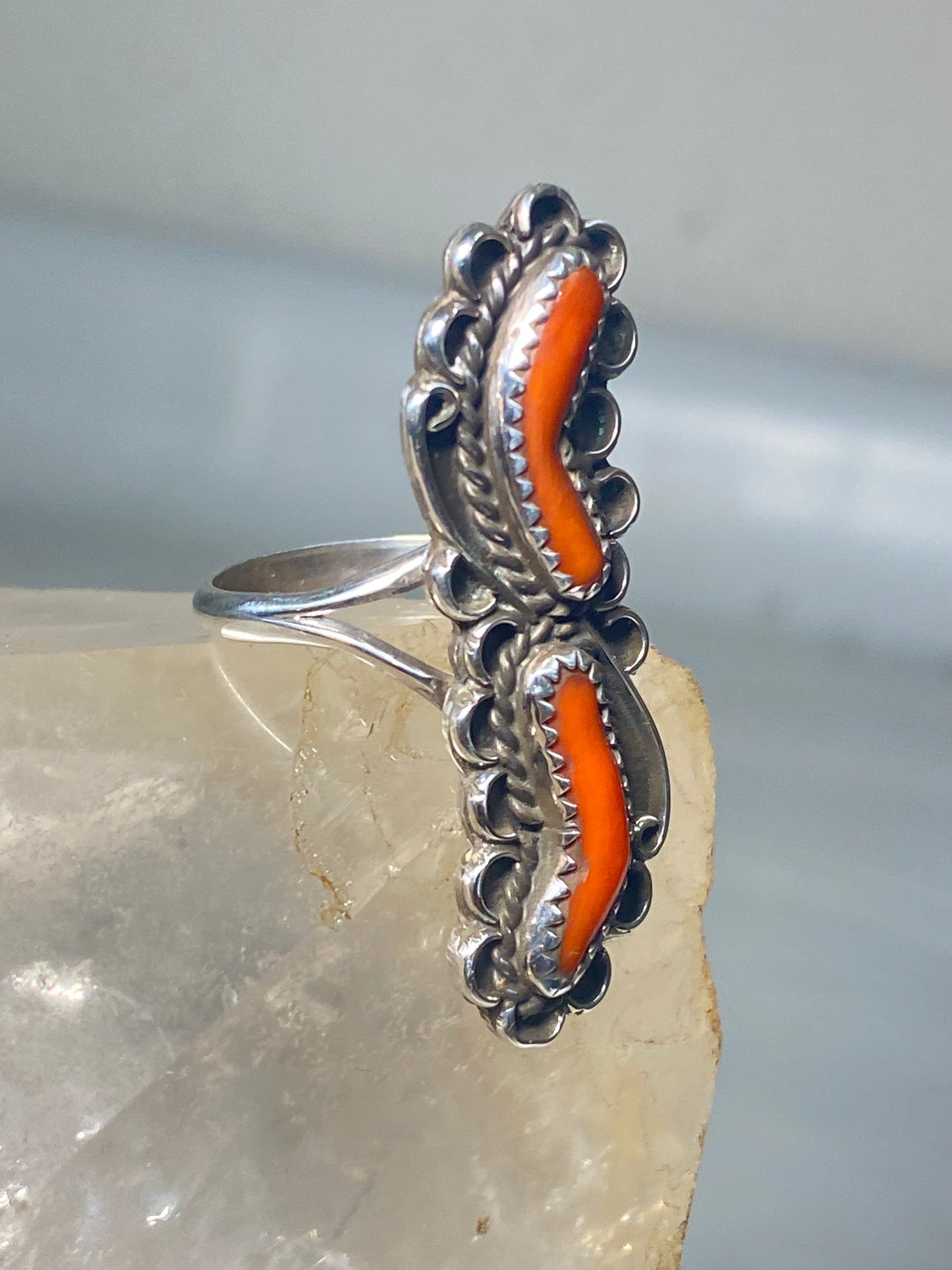 Coral ring size 7.50 Navajo southwest long sterling silver women