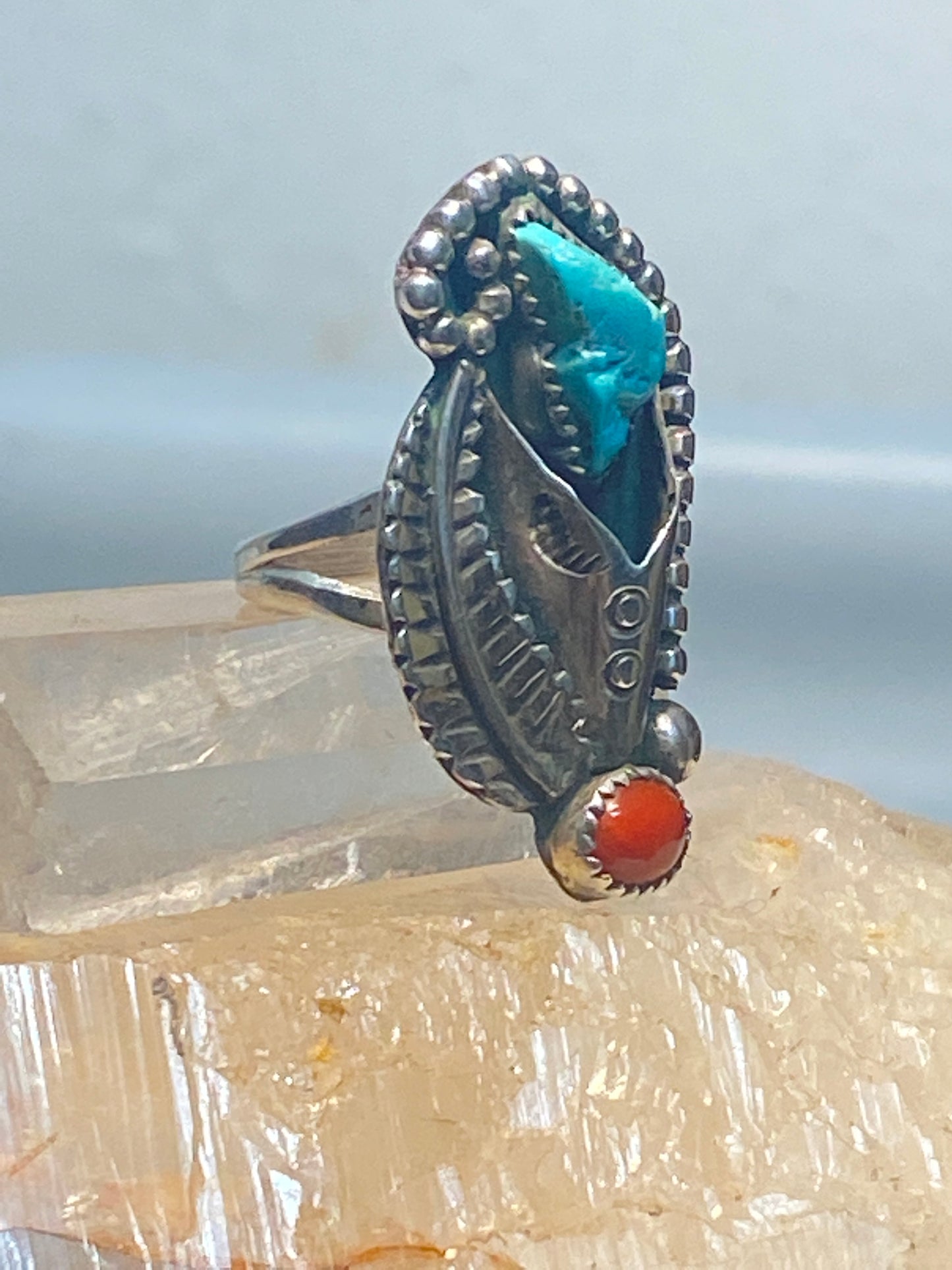 Turquoise ring size 5 coral long Navajo flower sterling silver southwest women girls