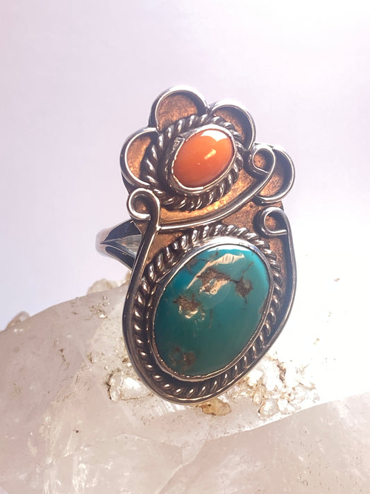Turquoise ring size 10 Navajo coral southwest sterling silver women girls