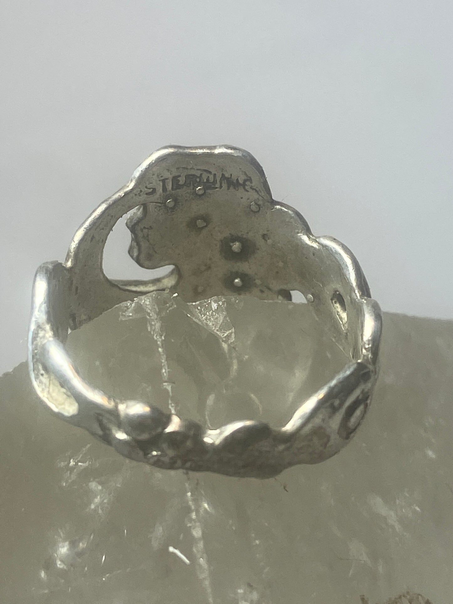 Lady face ring Art Deco influences floral band sterling silver women girls