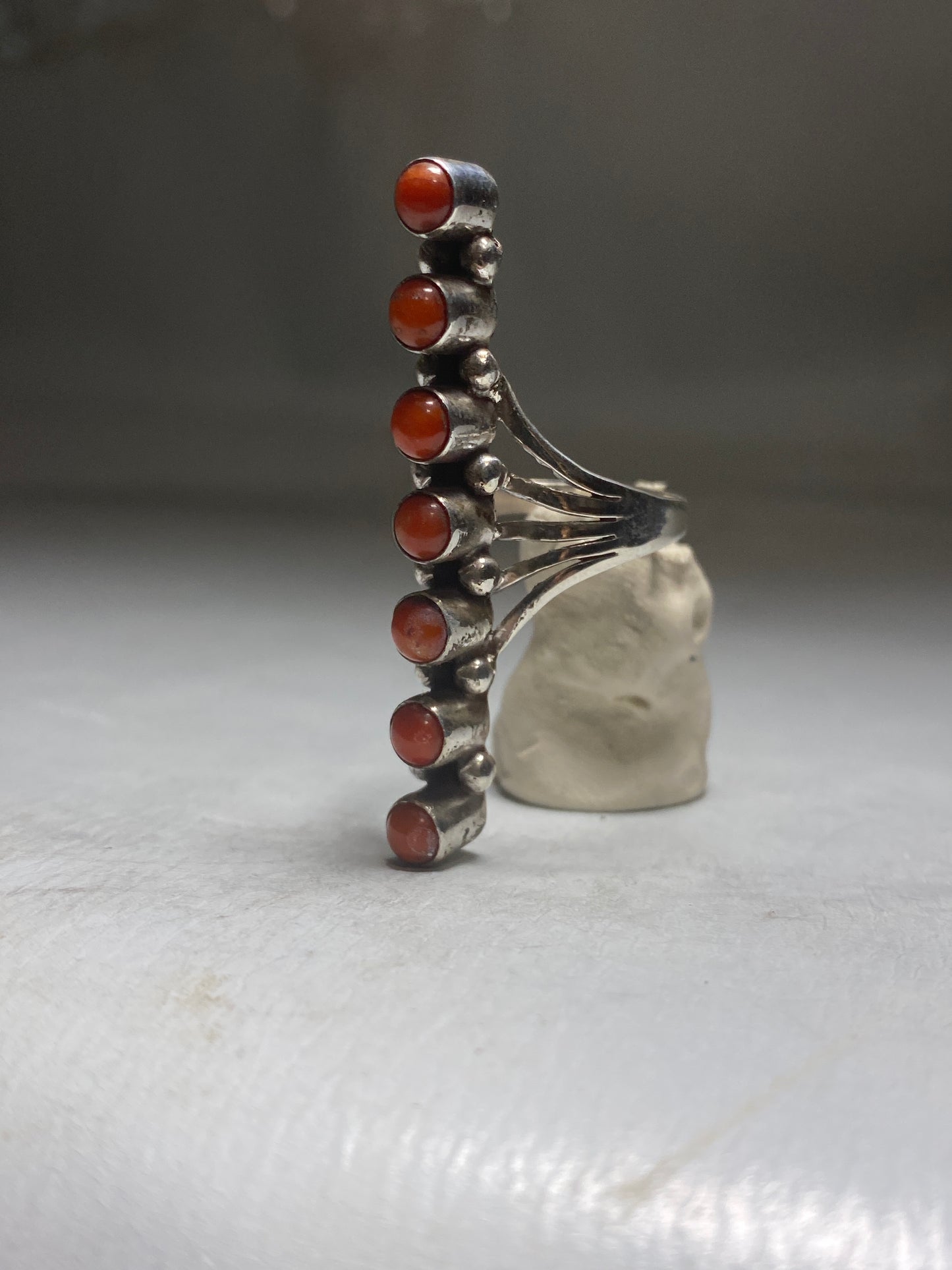 Long coral ring southwest sterling silver women
