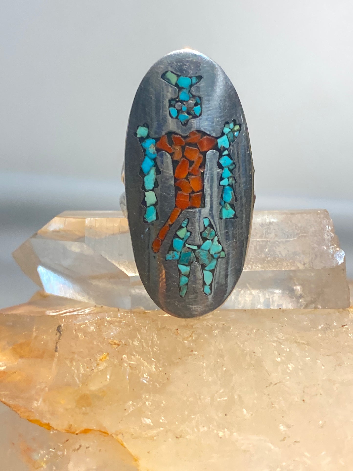 Long Kachina ring size 6.25 turquoise coral chips sterling silver Navajo southwest women girls