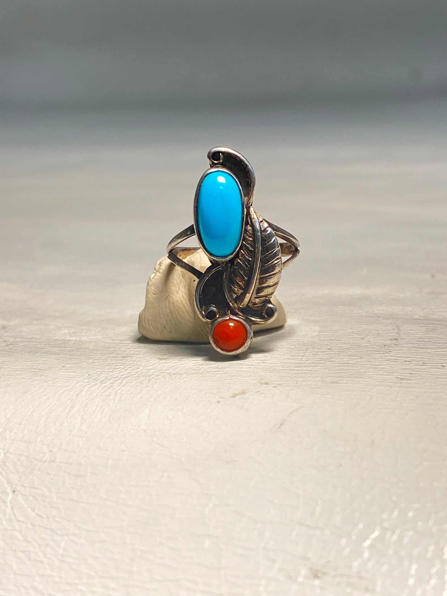 Turquoise Ring Coral long Navajo sterling silver girls women