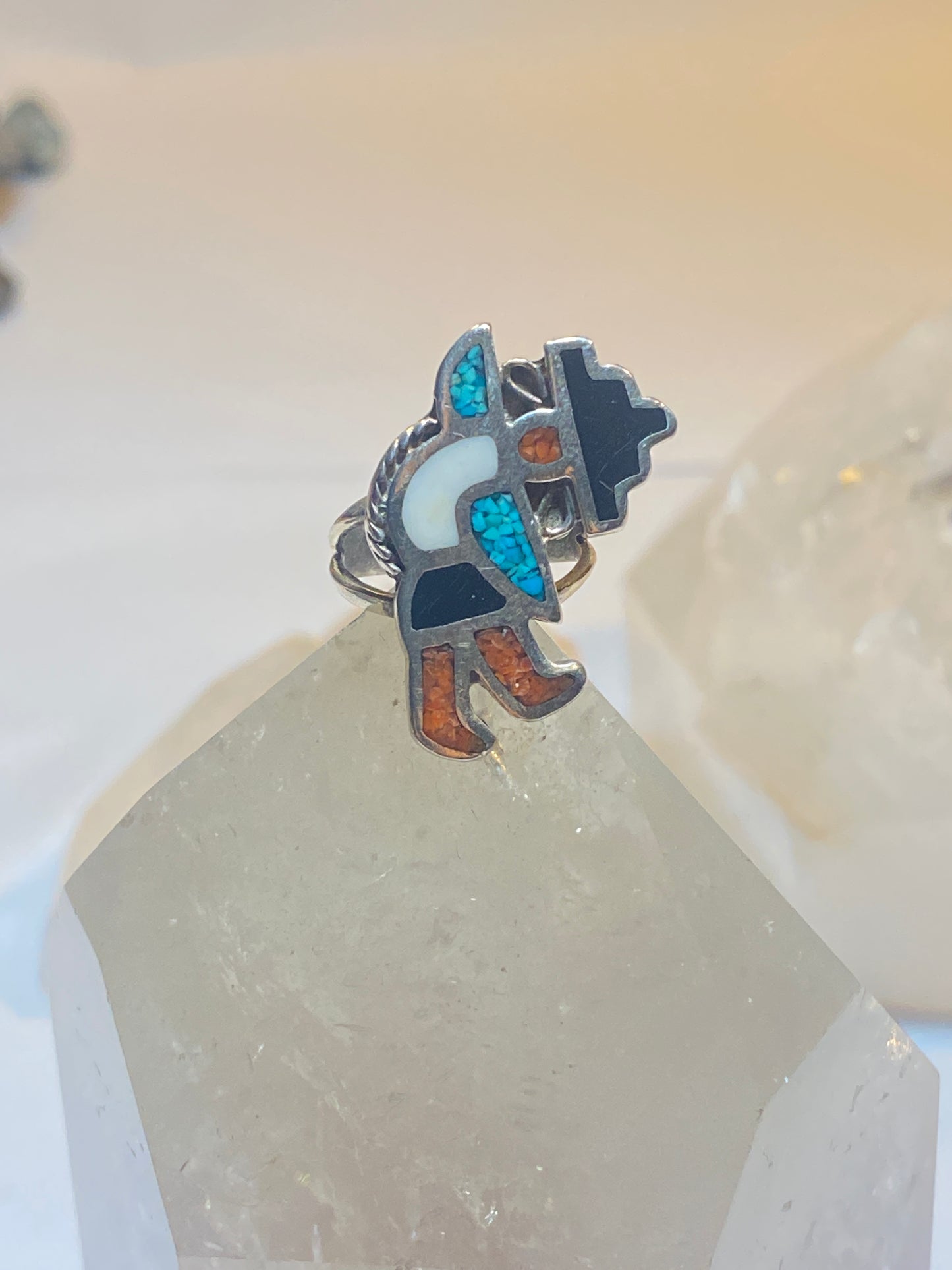 Kachina ring size 5.25 onyx turquoise coral chips  Navajo sterling silver band southwest