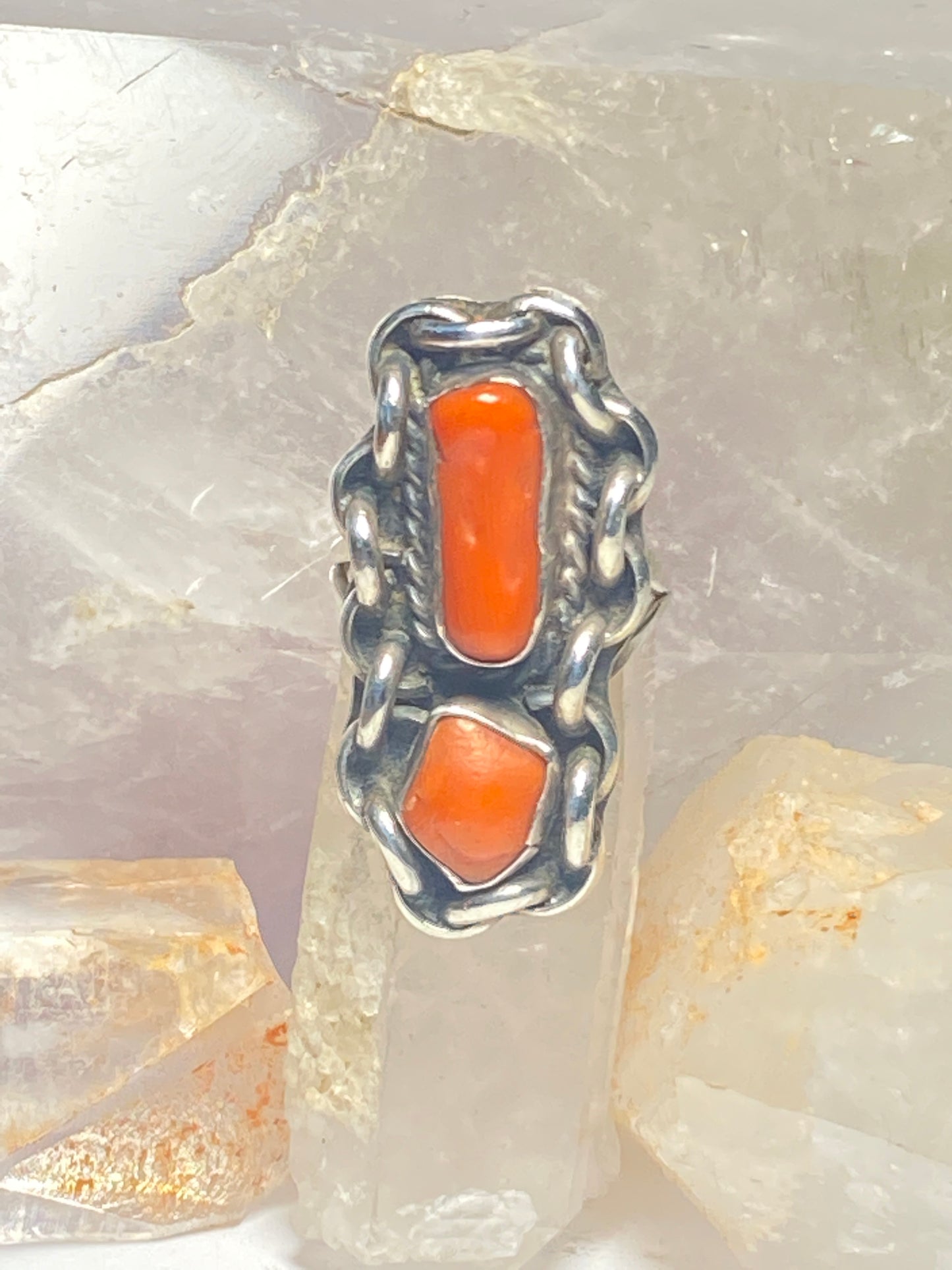 Coral ring 6 size long southwest sterling silver  women