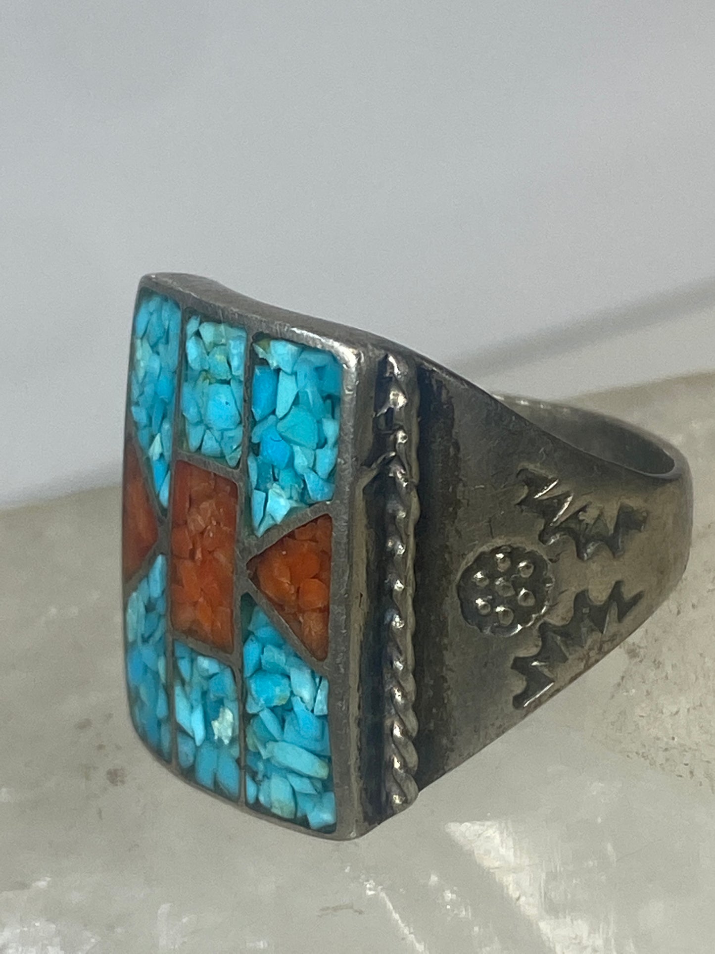 Navajo  ring size 9.75 turquoise coral chips southwest sterling silver women men