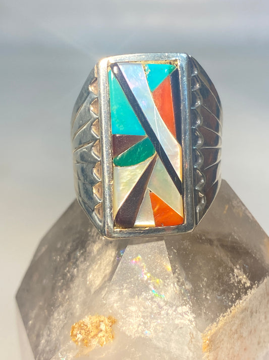 Zuni ring southwest long turquoise MOP coral sterling silver men women