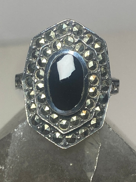 Long onyx ring size 7 marcasites  Art Deco sterling silver women