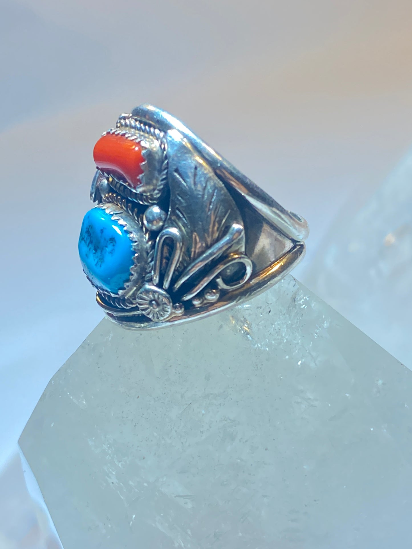 Turquoise ring size 10.75  coral Navajo southwest band sterling silver