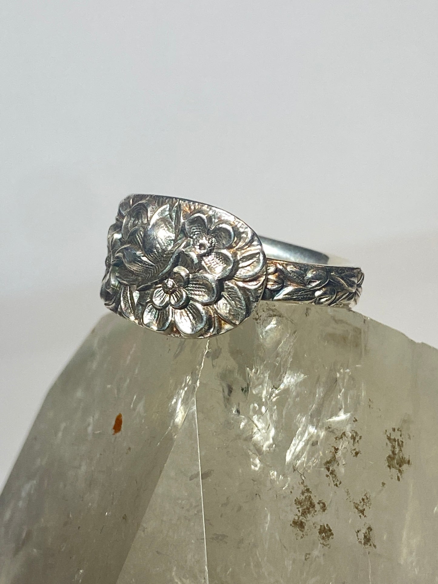 flower spoon ring sterling silver floral band women girl  f