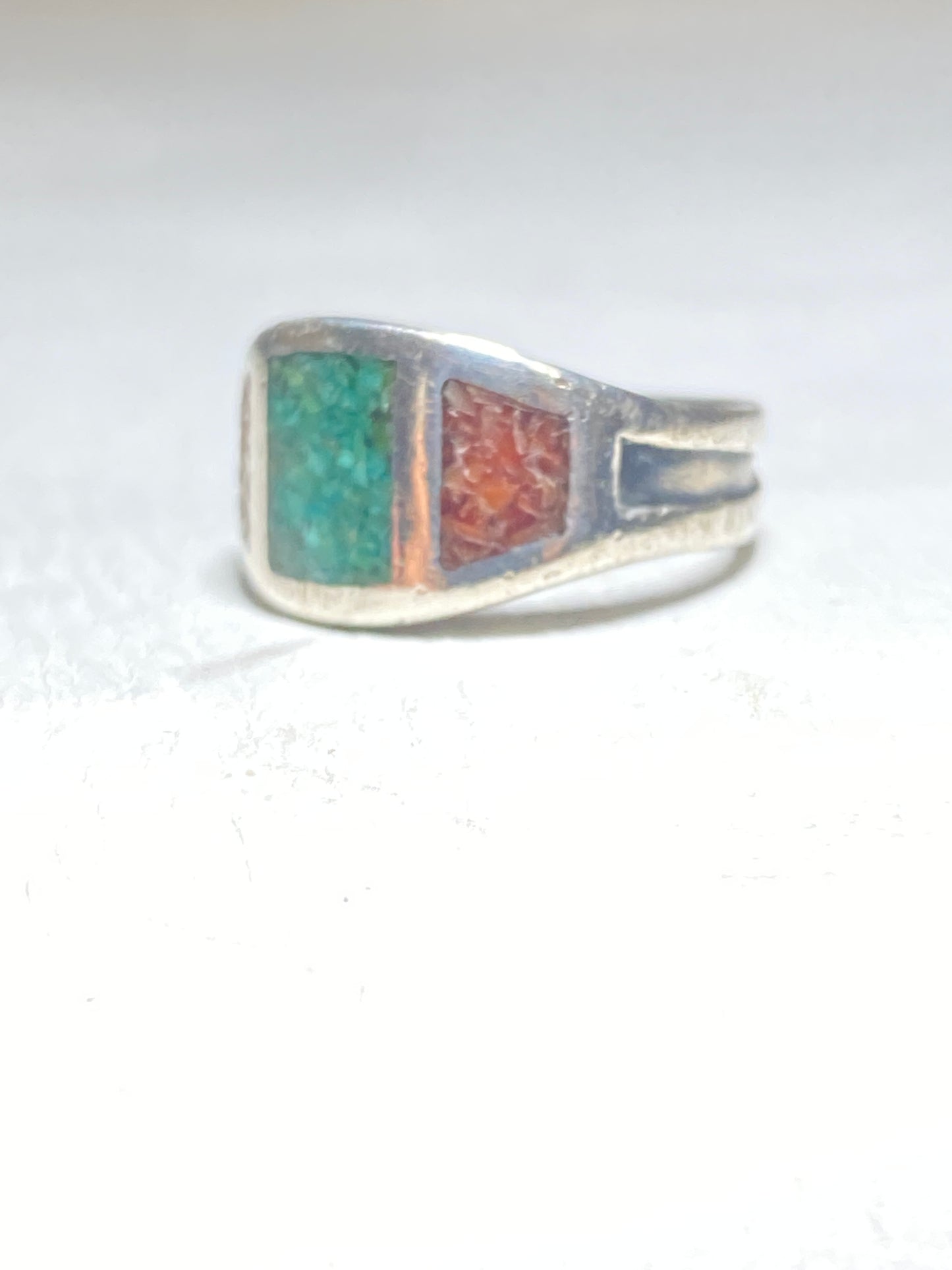 Turquoise ring chips coral chips pinky band sterling silver women men