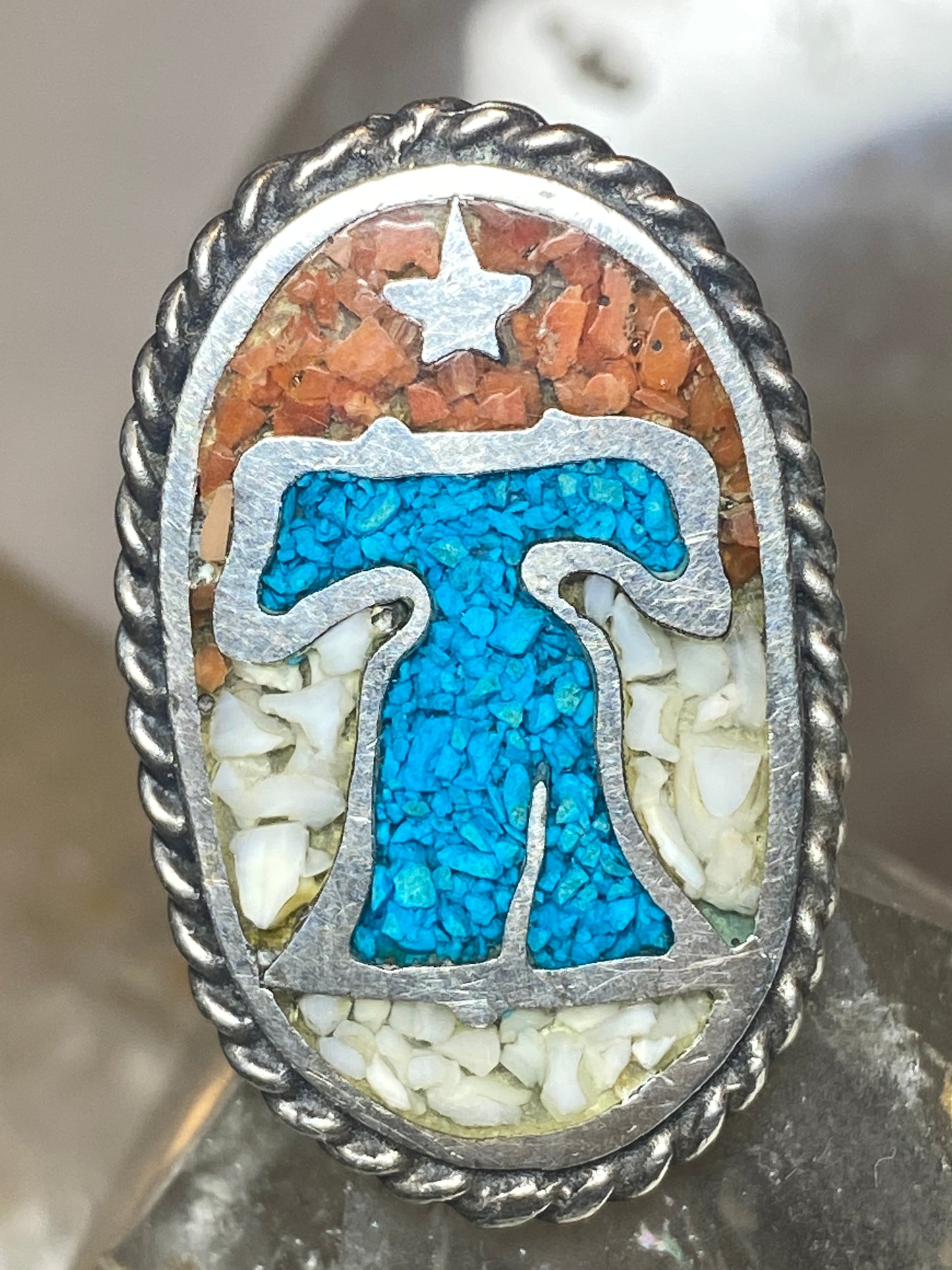 Liberty Bell ring size 8 turquoise chips coral Independence July 4 sterling silver women