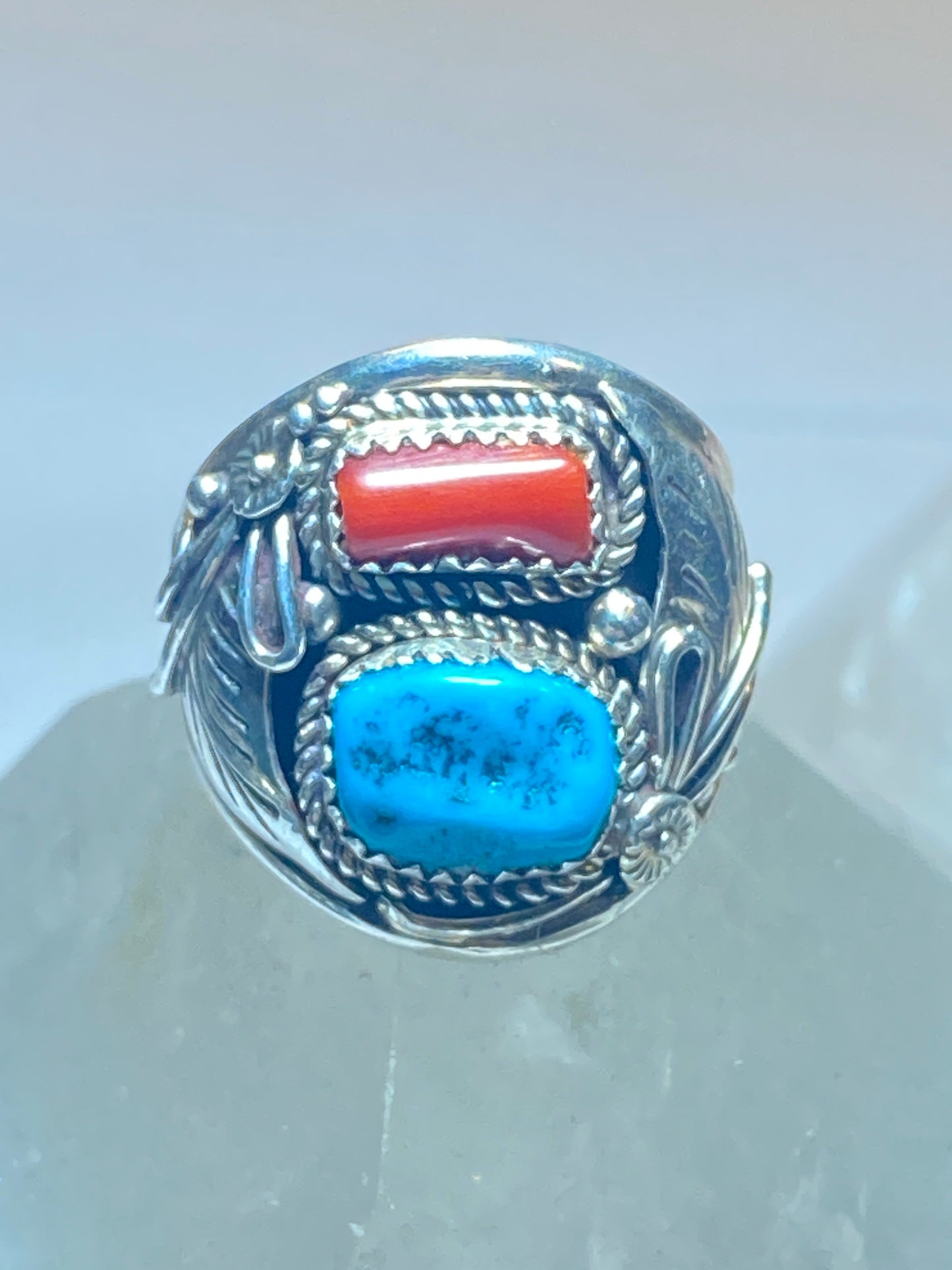 Turquoise ring size 10.75  coral Navajo southwest band sterling silver