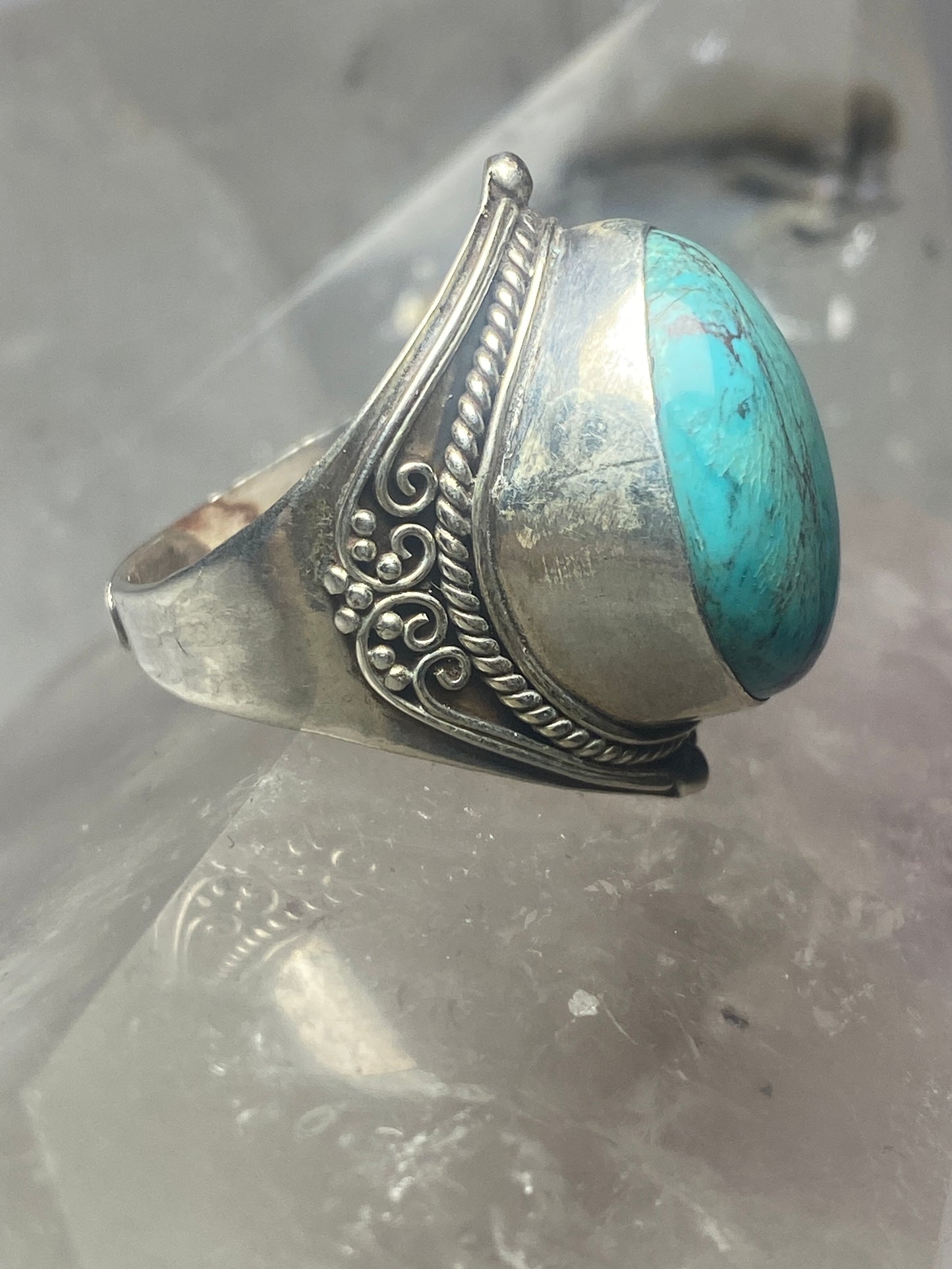 Turquoise ring boho cigar band sterling silver women men