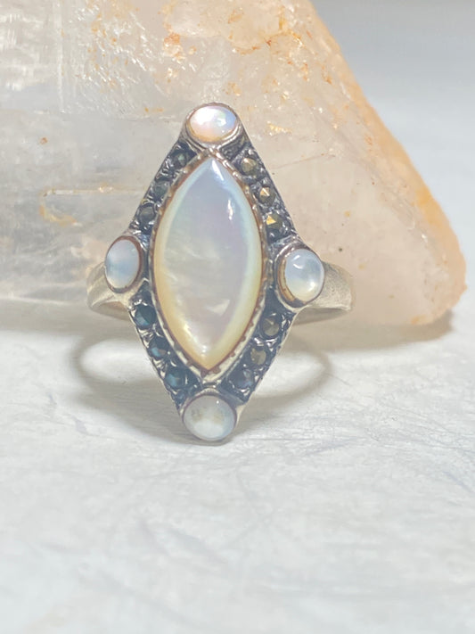 Mother of Pearl Ring Art Deco long marcasites sterling silver women